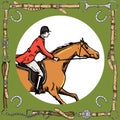 Horse rider in leather belt frame with bit, horseshoe. Equestrian sport fox hunting horseman in red jacket.